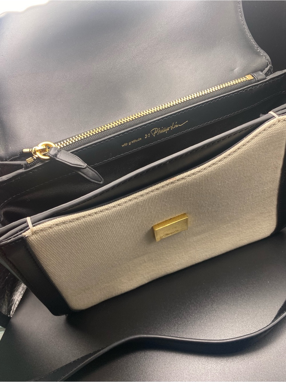 3.1 Phillip Lim Cream and Black Leather-Trim Shoulder Bag with Gold Closure - Picture 5 of 12
